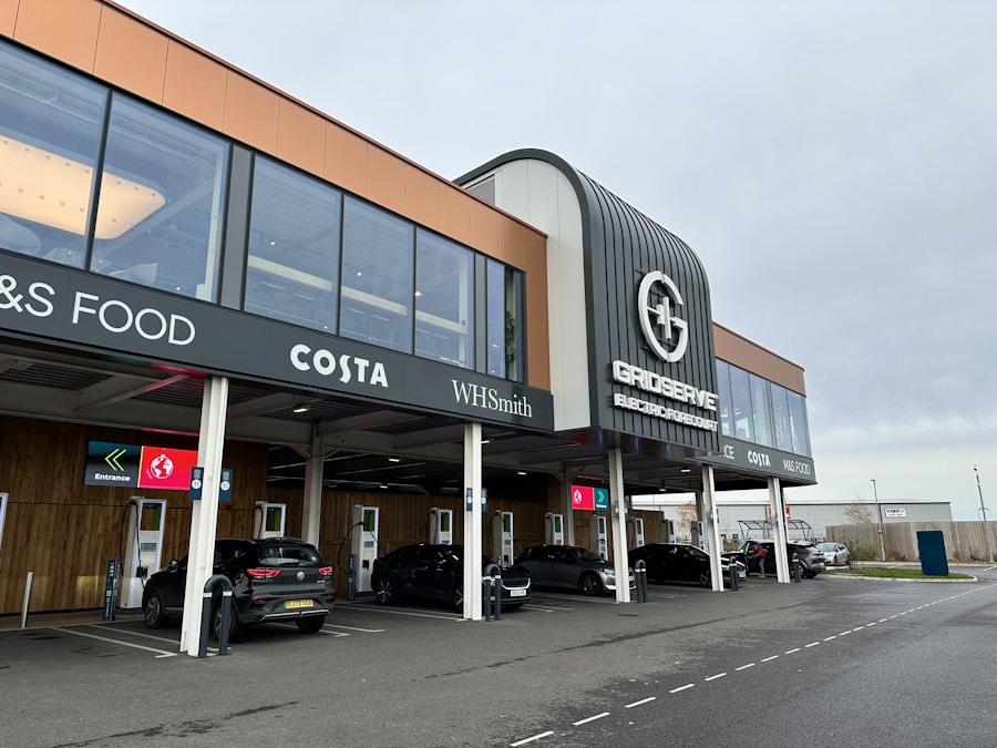 Modern car dealership with vehicles parked in front