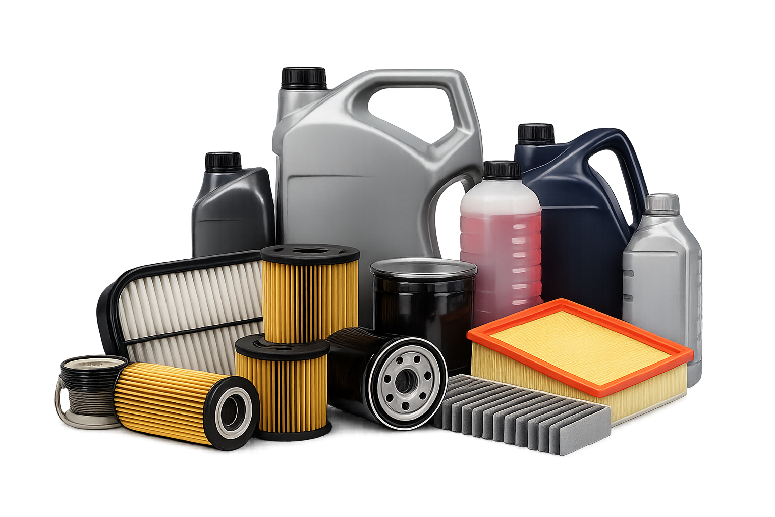 Oil filters, air filters, coolant, and lubricants for vehicle maintenance