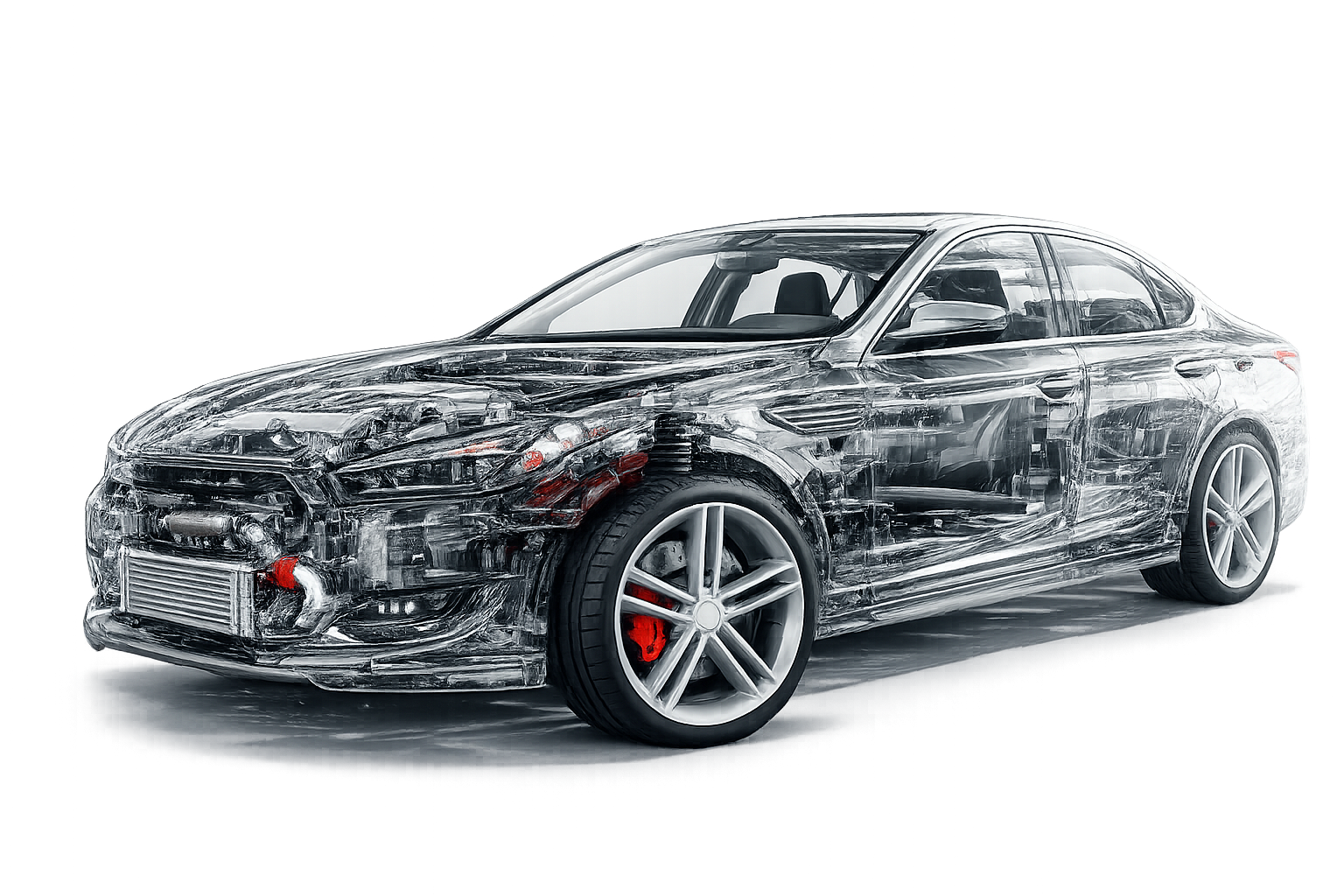 X-ray view of a luxury sedan showing engine, suspension, and brake components