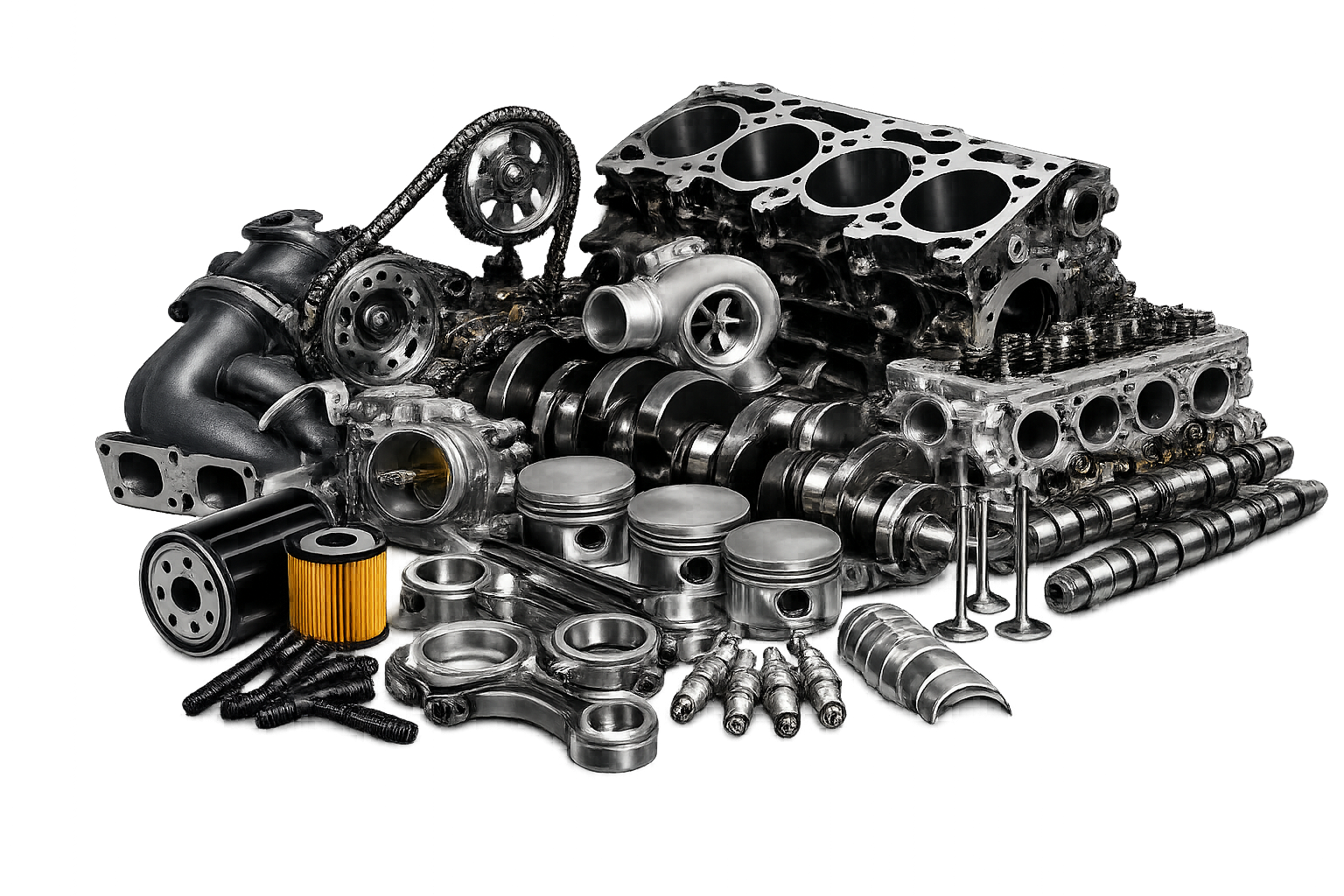 Engine components including pistons, crankshaft, cylinder head, and filters